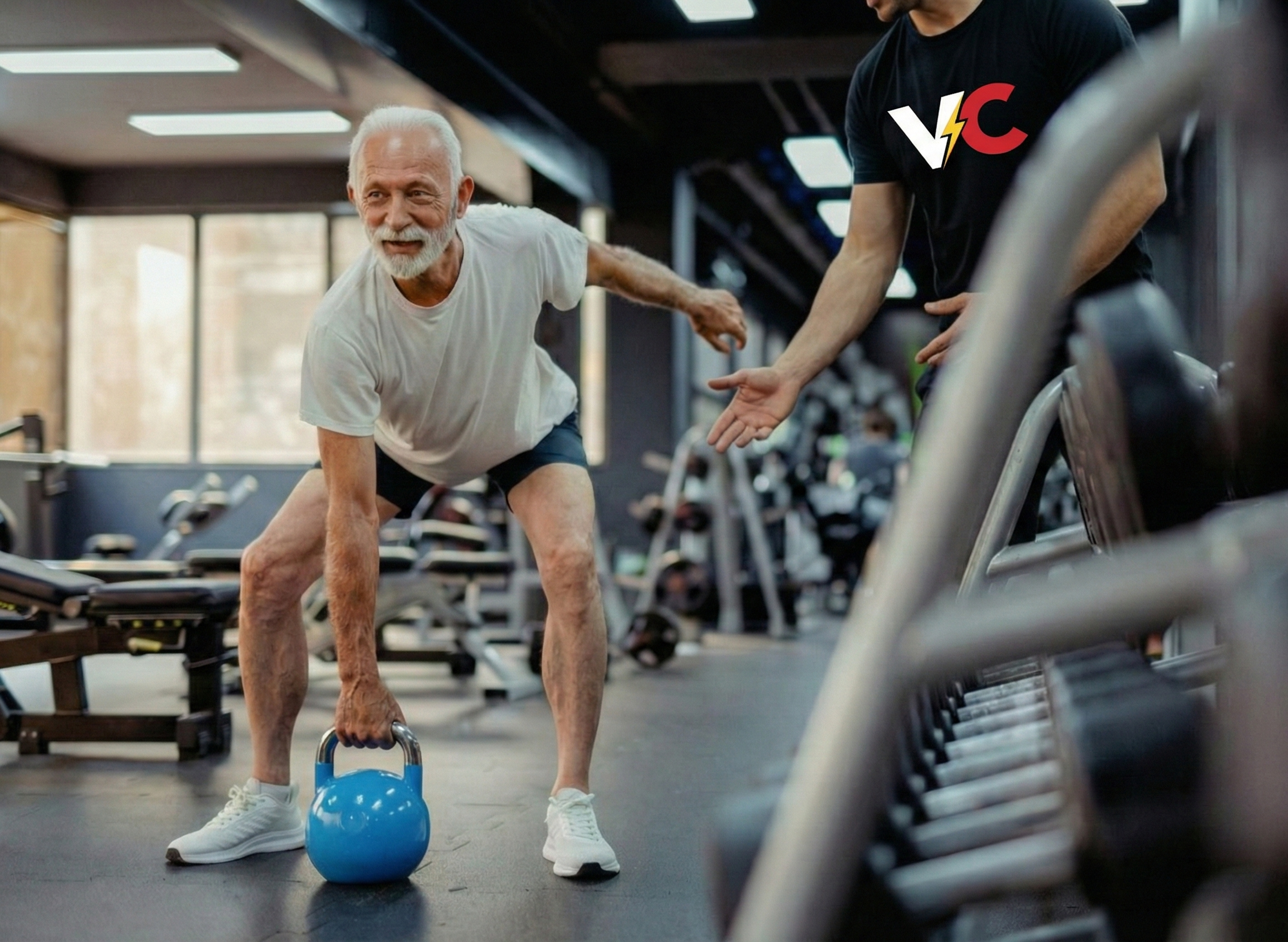 Adulto mayor realizando ejercicios de fuerza con kettlebell supervisado por el entrenador